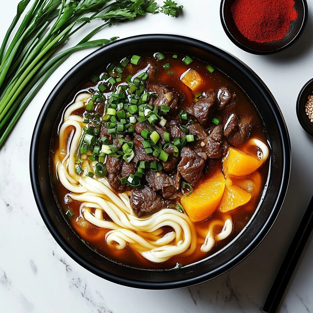 Bowl of Beef Udon with Black Pepper garnished with green onions and chili flakes