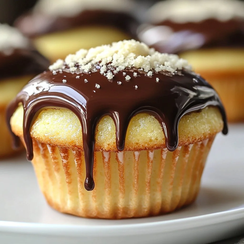 Boston Cream Cupcake Delights with chocolate ganache and vanilla custard filling