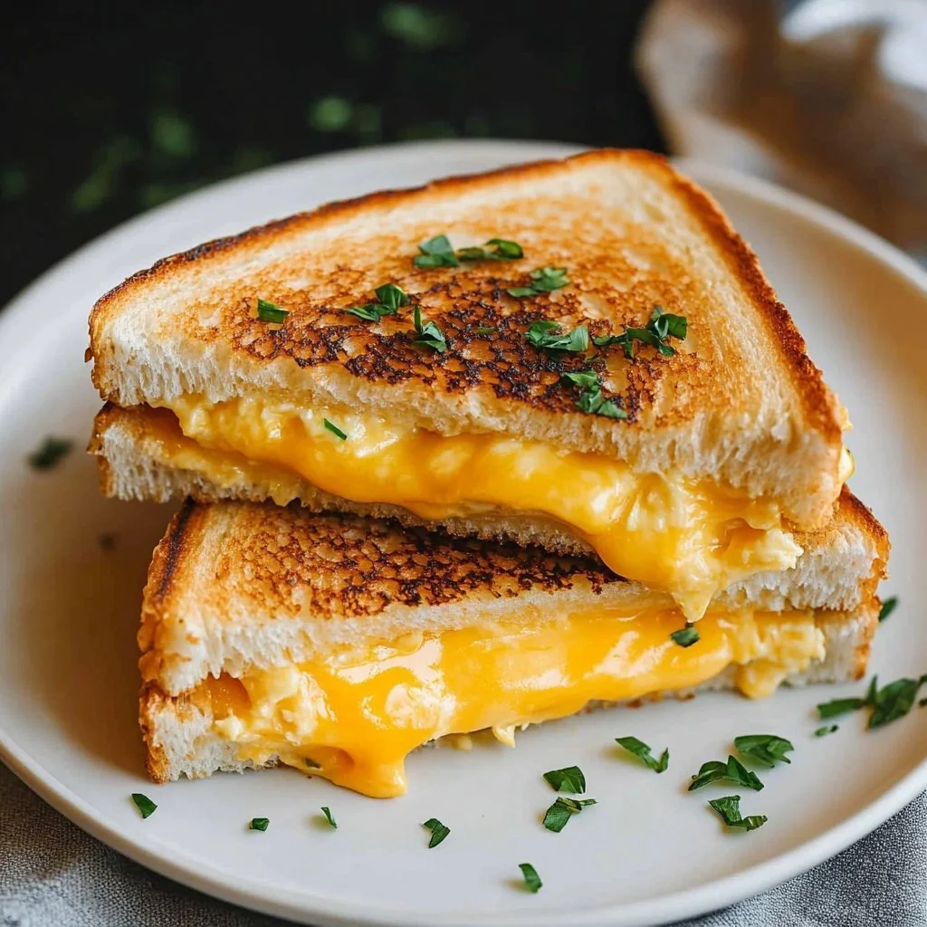Breakfast grilled cheese sandwich with eggs on a plate, delicious morning meal.