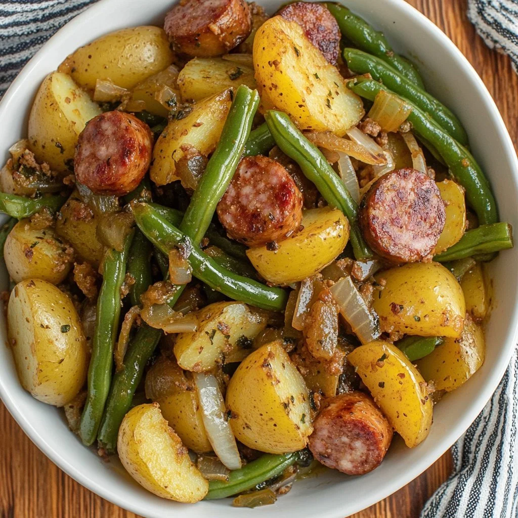 A delicious serving of Cajun Swamp Potatoes with Sausage in a rustic bowl.