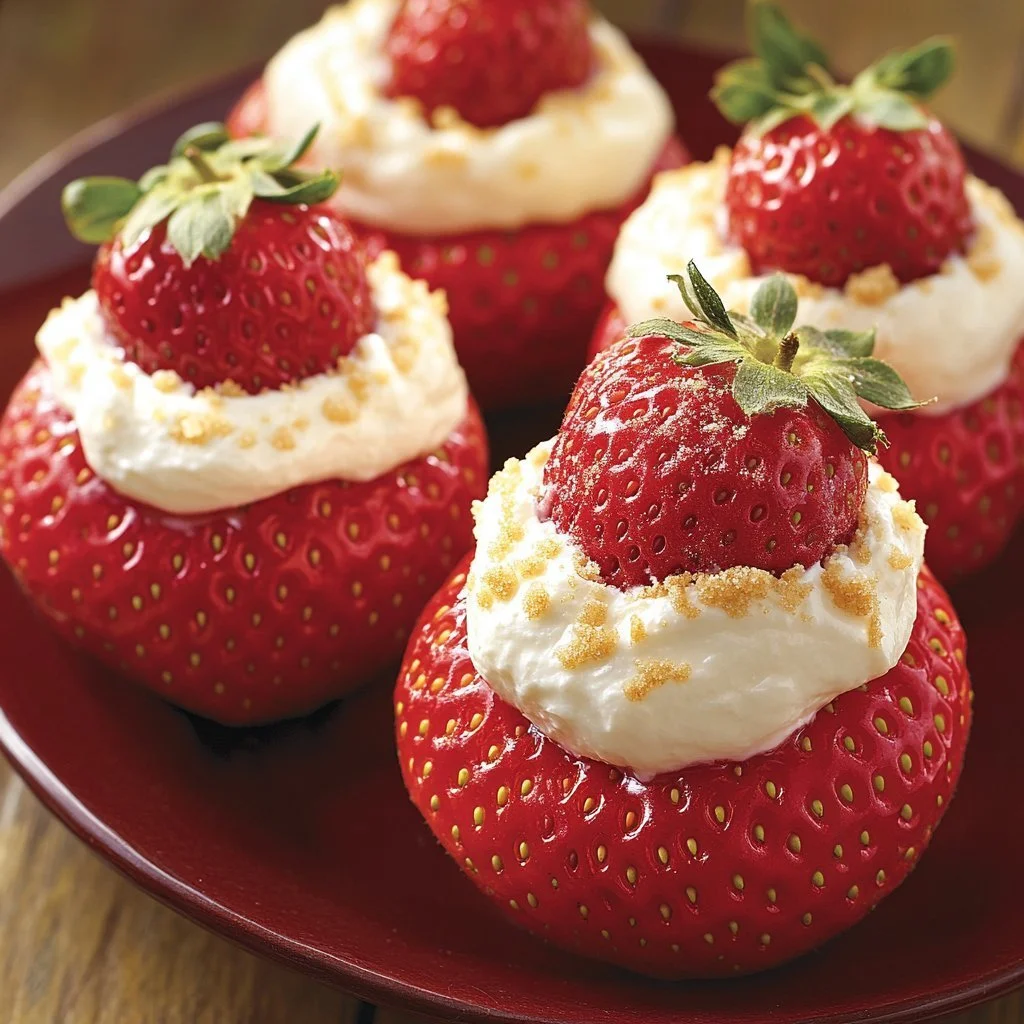 Delicious cheesecake stuffed strawberries topped with whipped cream.