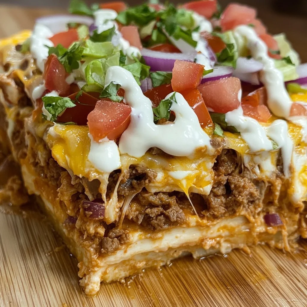 Cheesy Beef Enchilada Casserole topped with melted cheese and garnished with cilantro