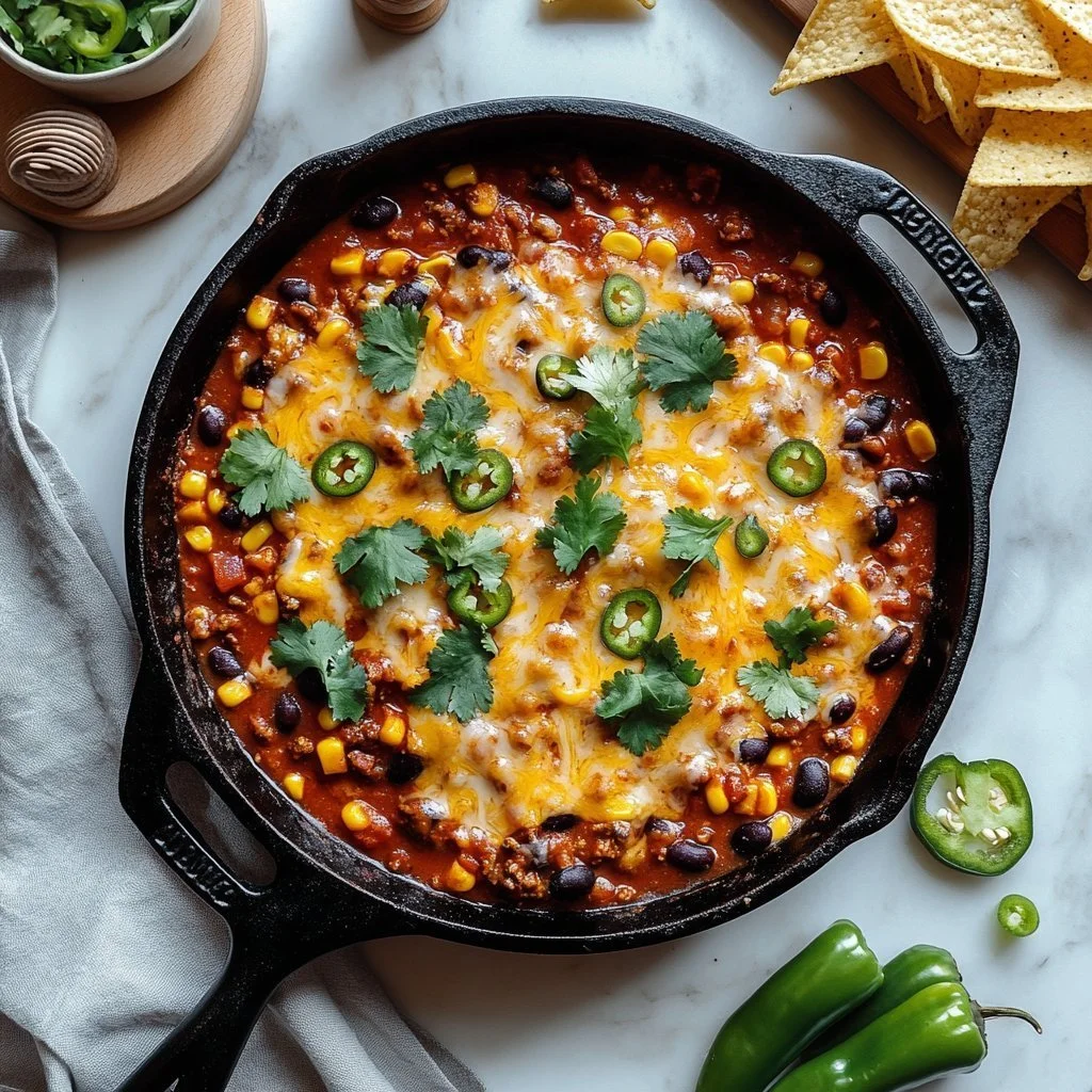 Cheesy Enchilada Skillet topped with cheese and spices in a skillet dish