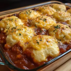 Cheesy Ground Beef Bake topped with melted cheese and herbs in a baking dish.