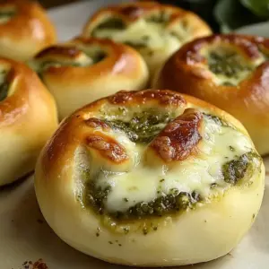 Cheesy Pesto Bomb Bites garnished with fresh basil and cheese