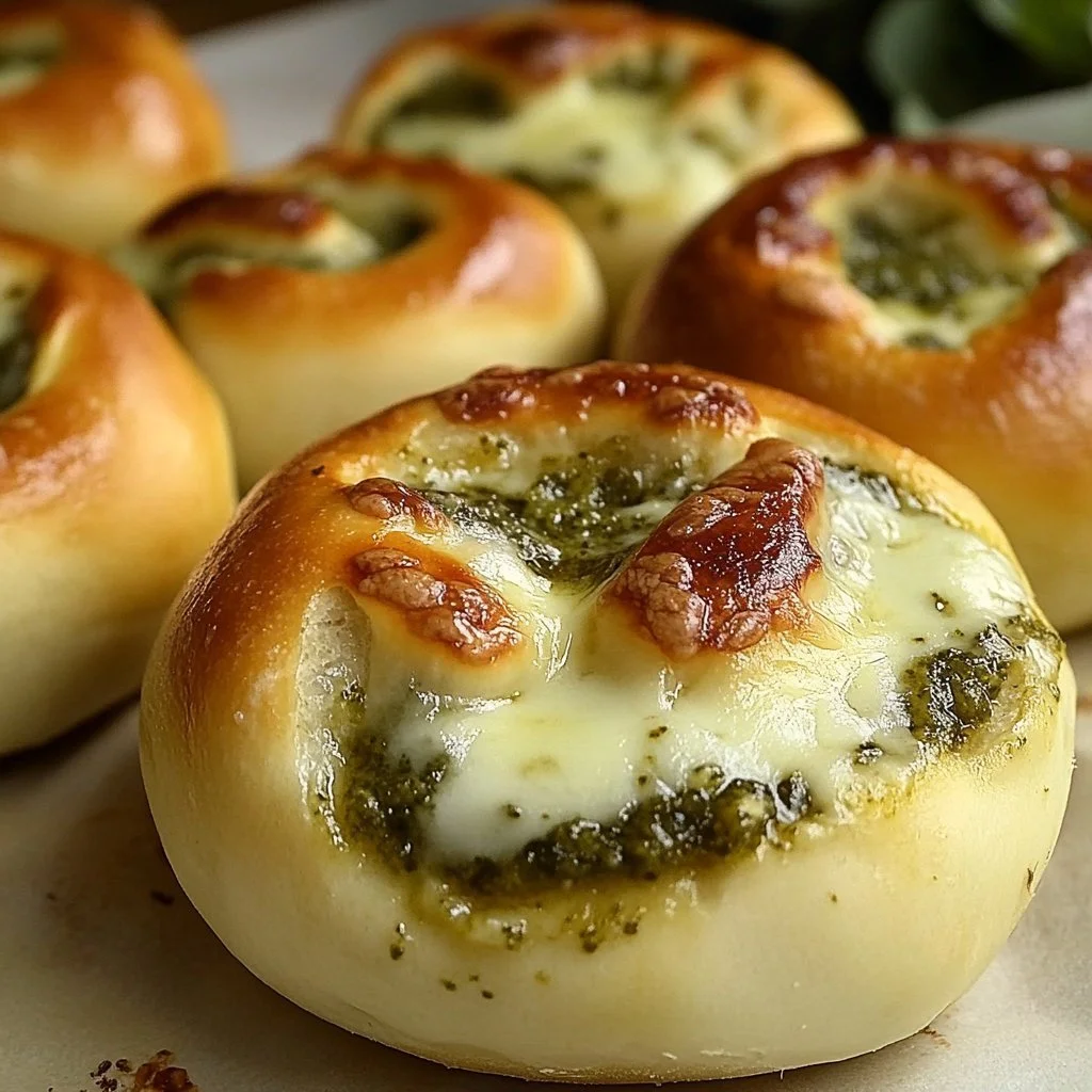 Cheesy Pesto Bomb Bites garnished with fresh basil and cheese