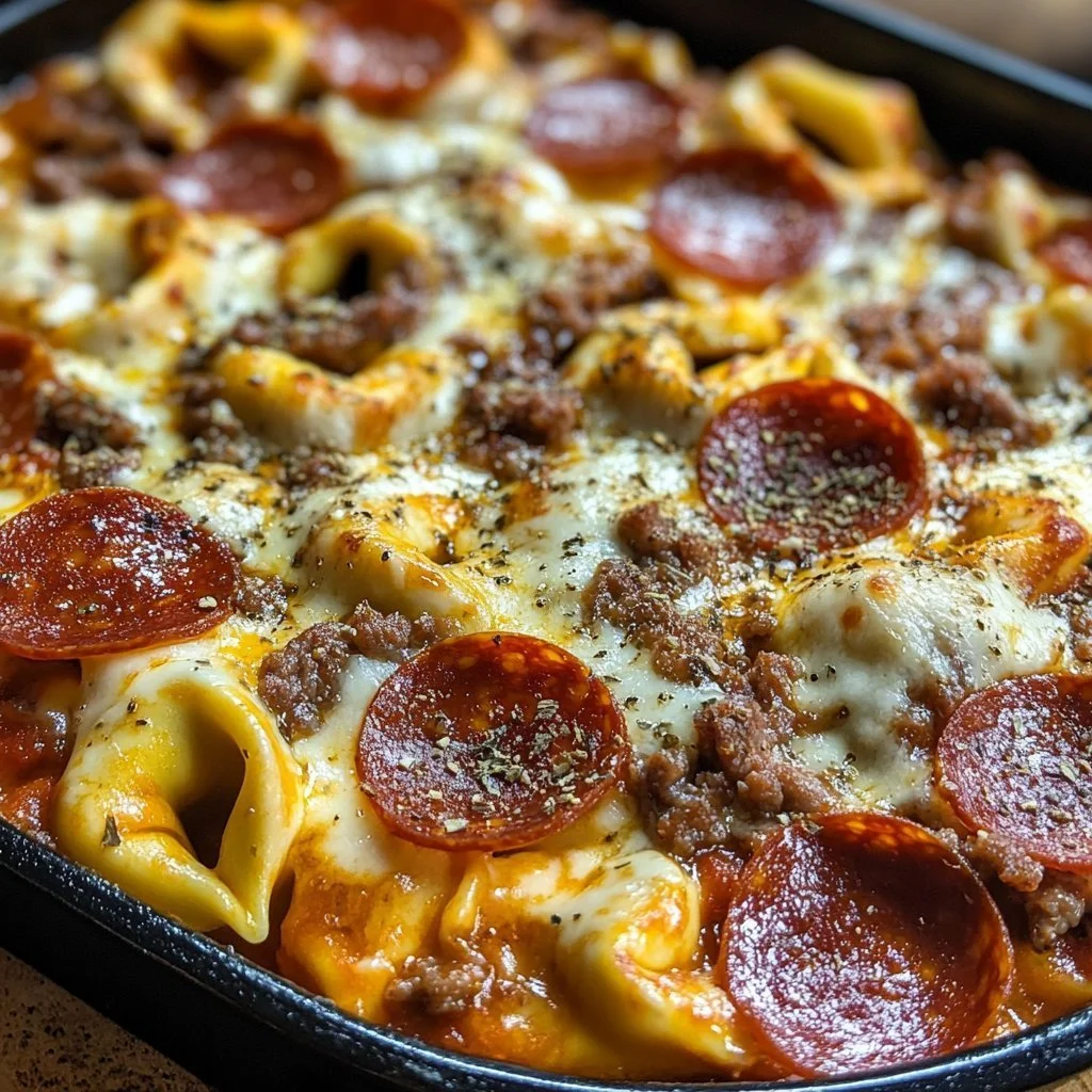 Delicious Cheesy Pizza Tortellini Bake with melted cheese and herbs