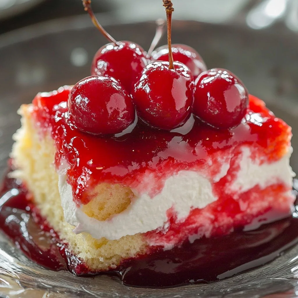 Delicious Cherry Poke Cake topped with whipped cream and cherry filling