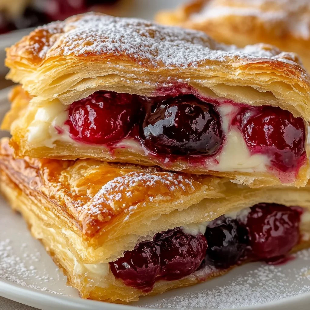 Homemade cherry-stuffed braided Danish pastry with a golden crust