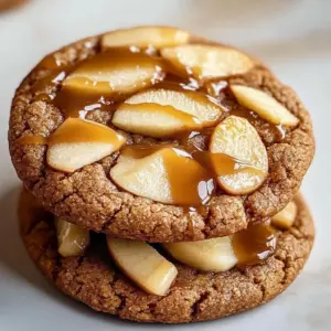 Freshly baked chewy caramel apple cookies with caramel drizzle