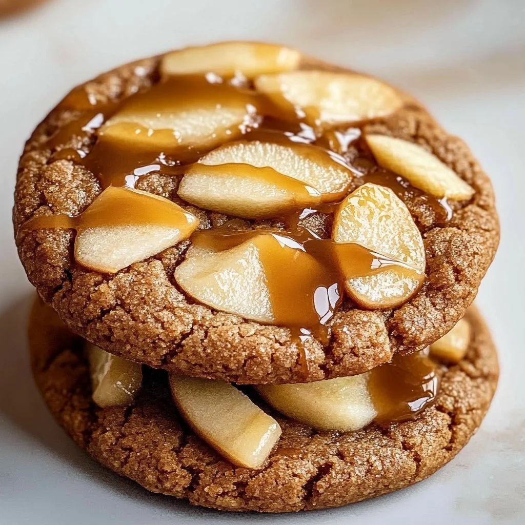 Freshly baked chewy caramel apple cookies with caramel drizzle