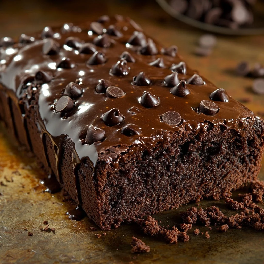 A loaf of chewy fudge brownie bread with chocolate drizzle on top.