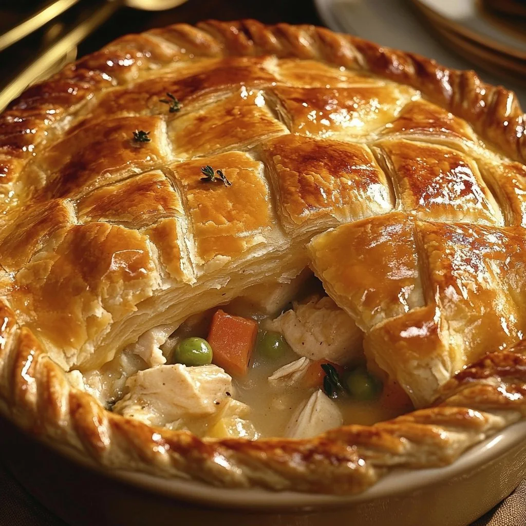 Delicious chicken pot pie with puff pastry, filled with chicken and vegetables.