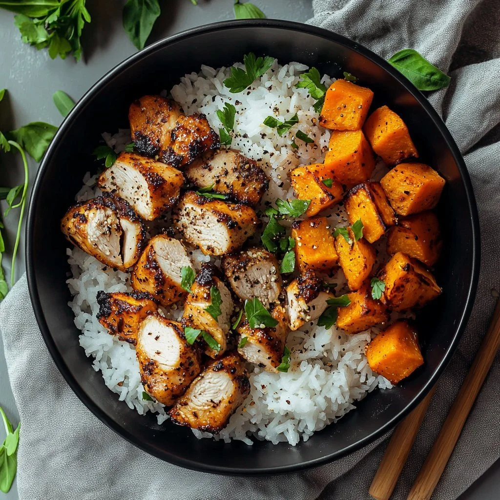 A colorful Chicken Sweet Potato Rice Bowl with vibrant vegetables and grains.
