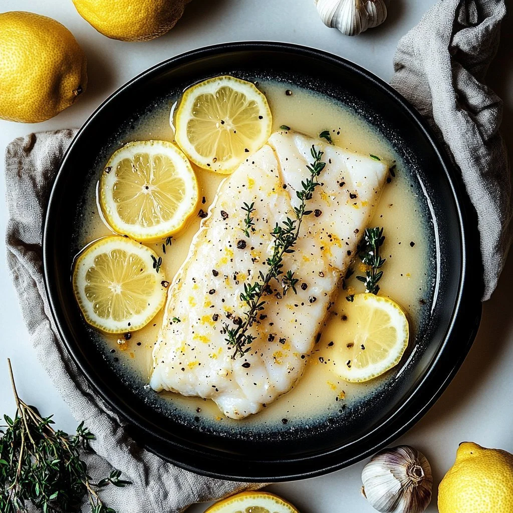 Baked Citrus Butter Cod served with fresh herbs and lemon slices