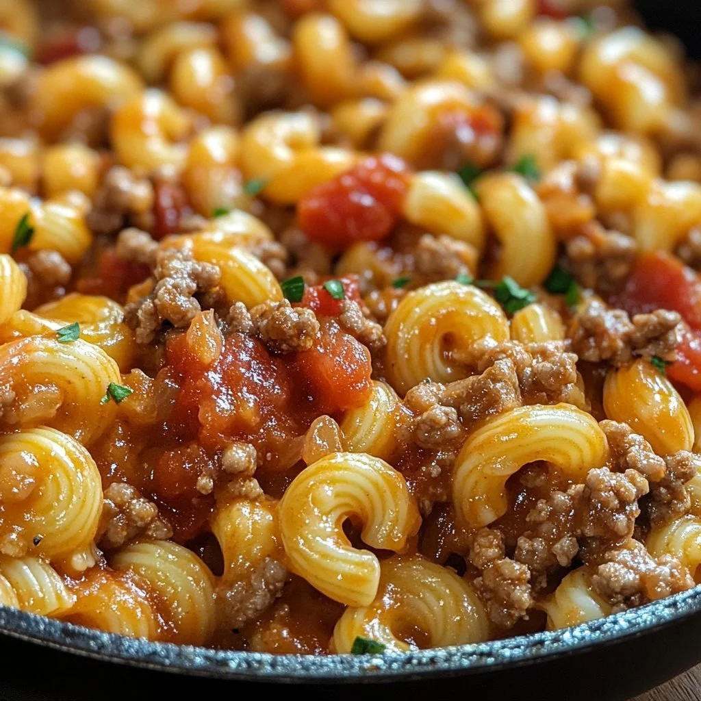 A delicious serving of classic one-pan American beef goulash with pasta and spices