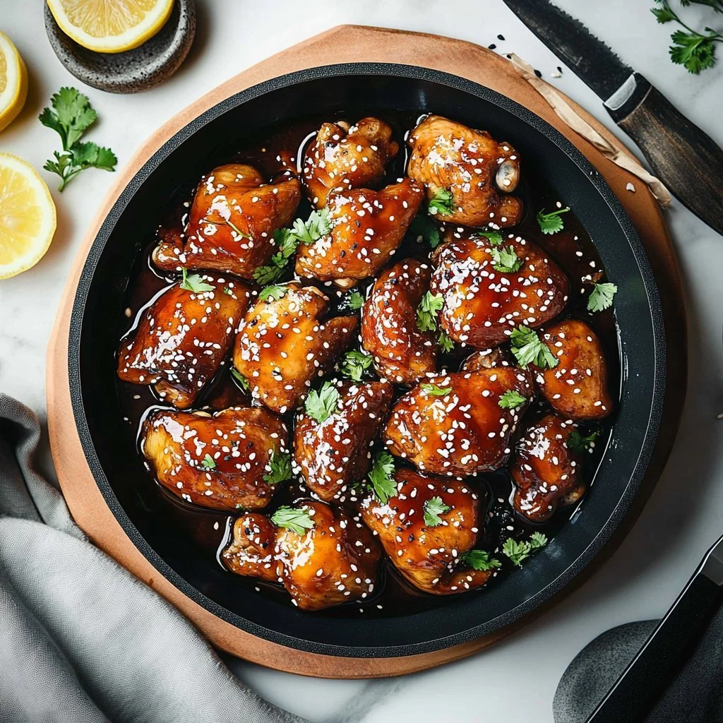 Plate of classic teriyaki chicken garnished with sesame seeds and green onions