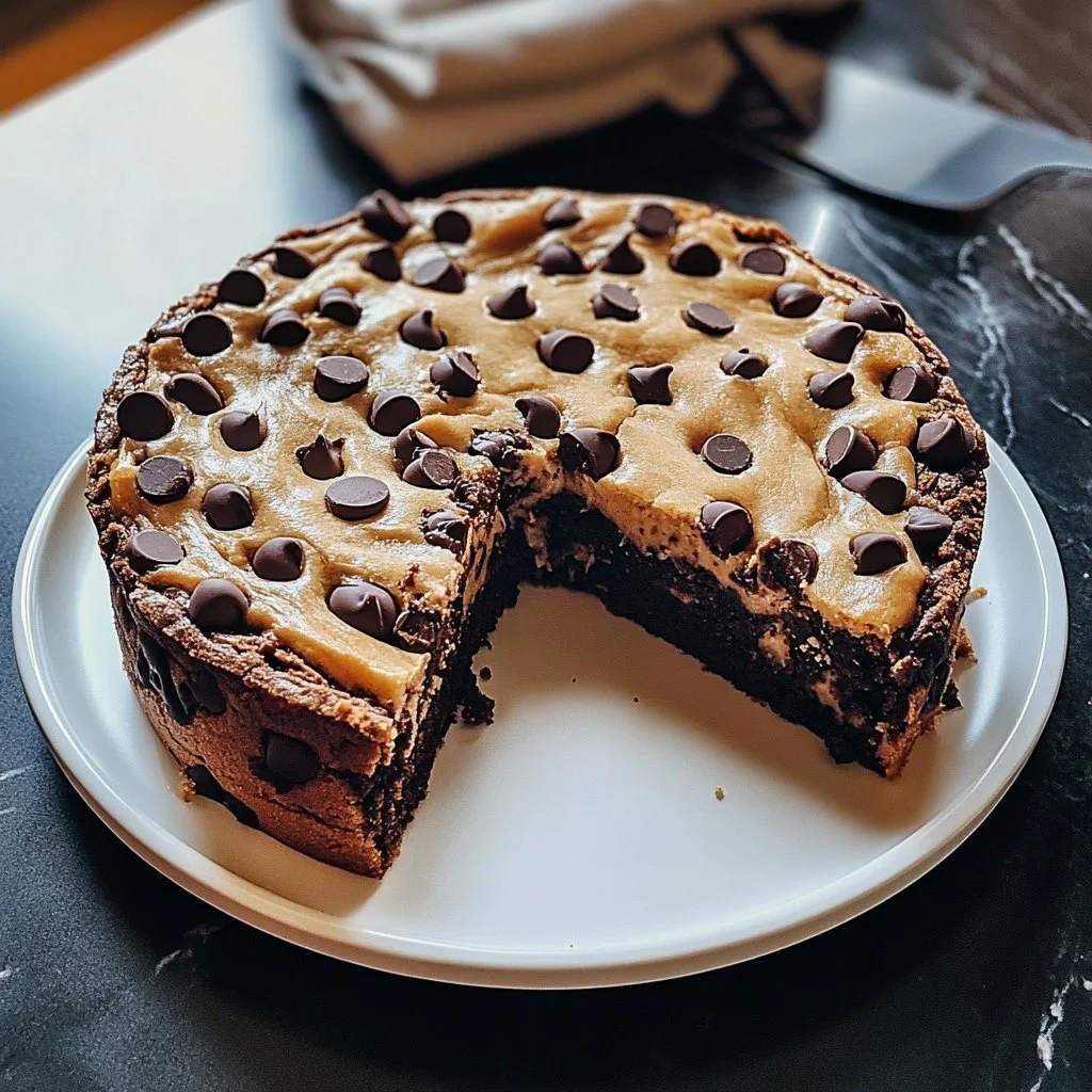 Delicious chocolate chip cookie cake fresh out of the oven