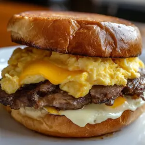 Homemade Copycat McDonald's Steak Egg Cheese sandwich with eggs and cheese.