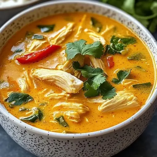 Delicious bowl of cozy Thai chicken curry soup garnished with herbs.