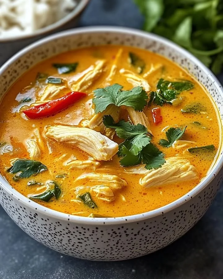 Delicious bowl of cozy Thai chicken curry soup garnished with herbs.