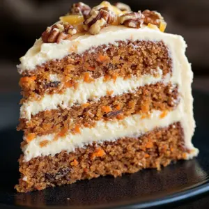 Slice of cream cheese frosted carrot cake on a plate