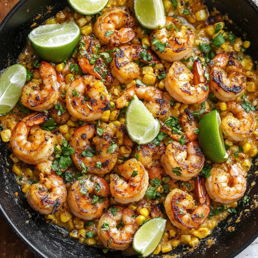 Creamed corn with shrimp served in a bowl, garnished with herbs