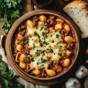 Creamy beef and shell pasta served in a bowl garnished with herbs.
