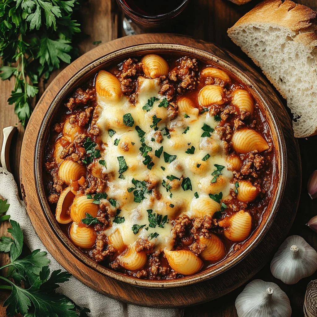Creamy beef and shell pasta served in a bowl garnished with herbs.
