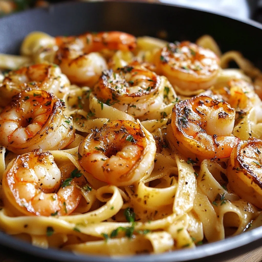 Plate of creamy Cajun shrimp pasta garnished with parsley