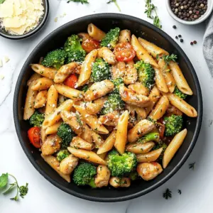 Creamy chicken and broccoli pasta served in a bowl with garnishes