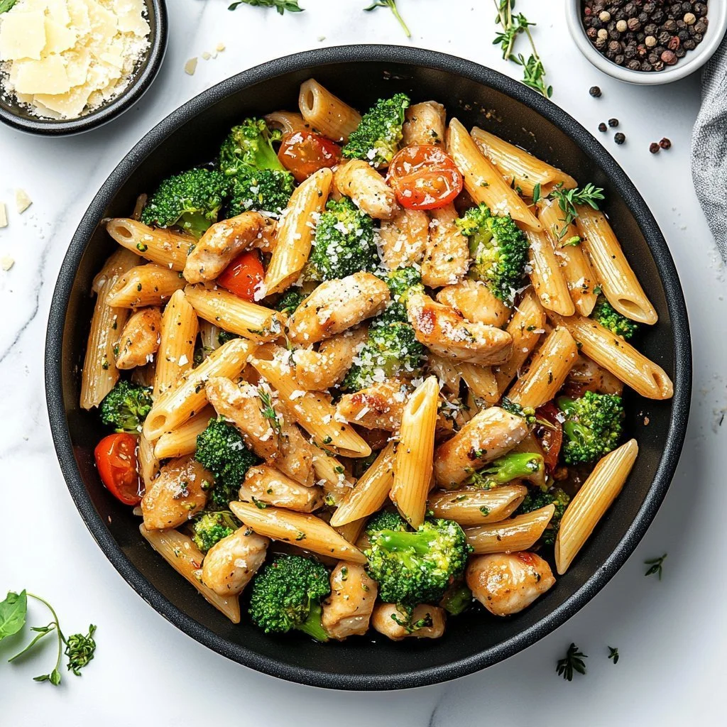 Creamy chicken and broccoli pasta served in a bowl with garnishes
