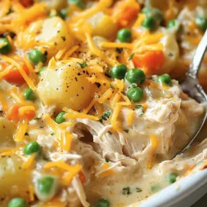 Creamy chicken and potato bake dish served hot in a casserole dish