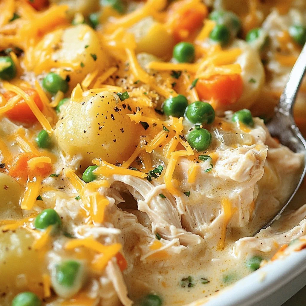 Creamy chicken and potato bake dish served hot in a casserole dish