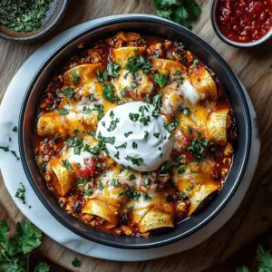 Creamy chicken enchiladas garnished with salsa on a plate