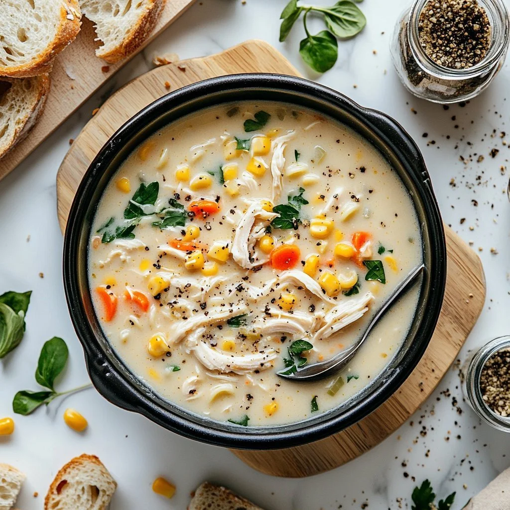 Creamy chicken pasta soup with spinach in a bowl garnished with herbs