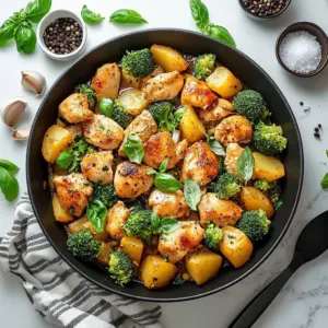 Creamy Chicken Potato Broccoli Casserole with cheese and herbs