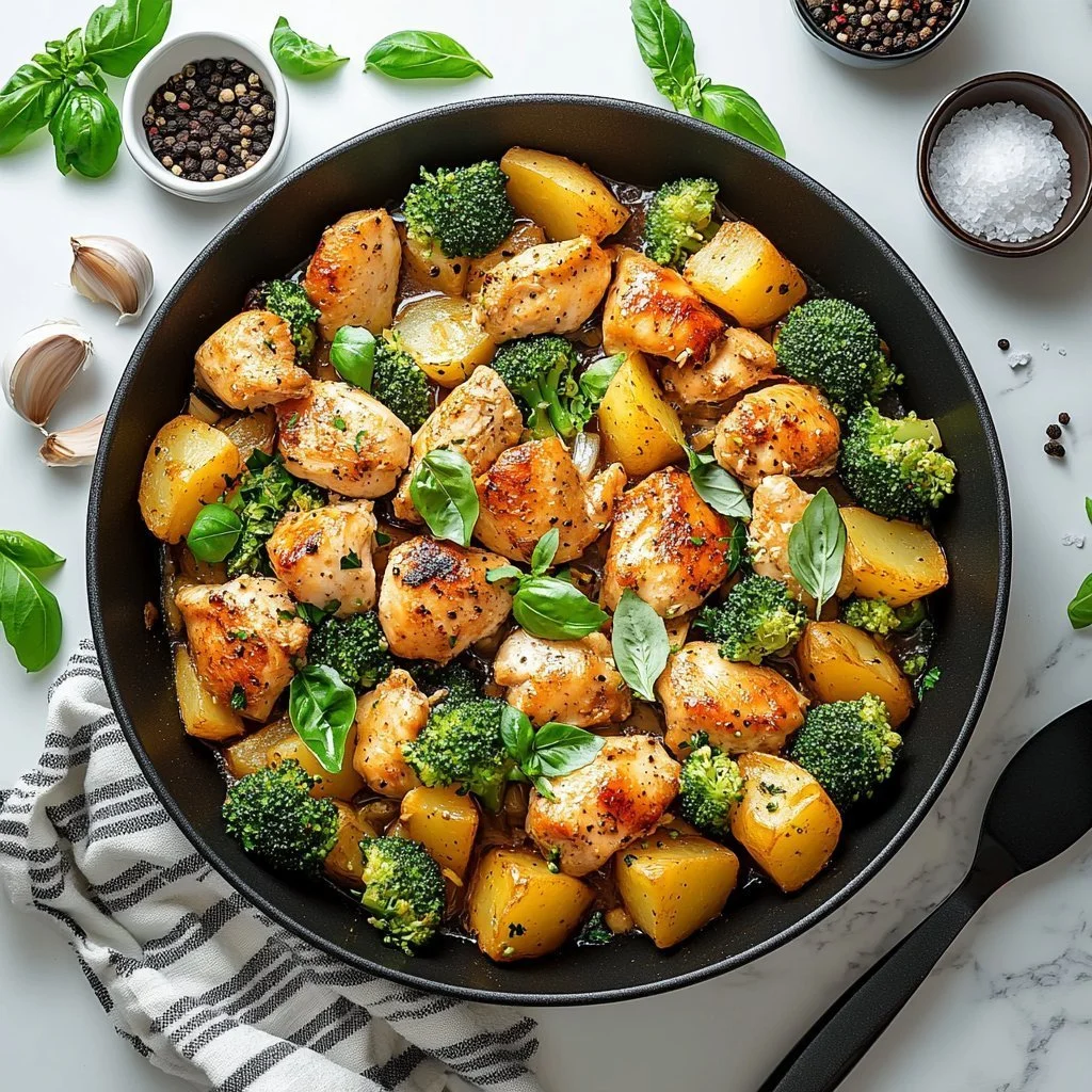 Creamy Chicken Potato Broccoli Casserole with cheese and herbs
