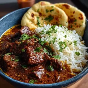 Creamy coconut beef curry served in a bowl with fresh herbs