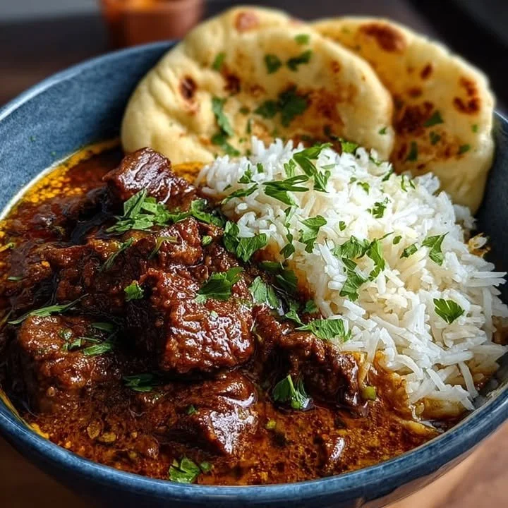 Creamy coconut beef curry served in a bowl with fresh herbs