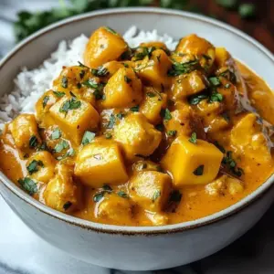 Delicious creamy Coconut Mango Chicken Curry served with rice.