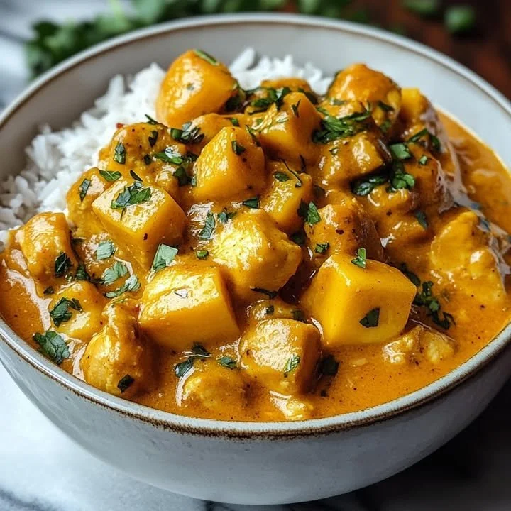 Delicious creamy Coconut Mango Chicken Curry served with rice.