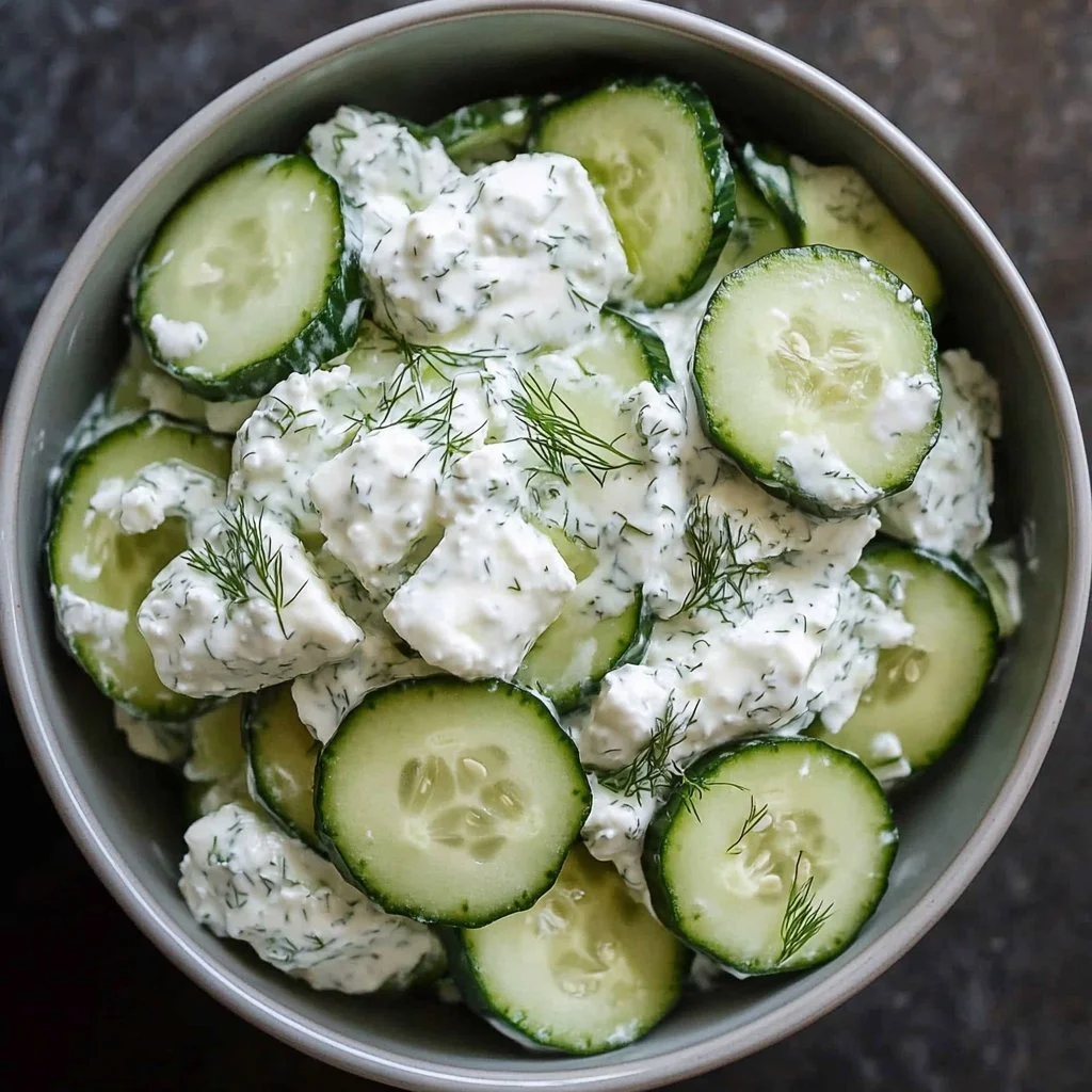 Creamy cottage cheese cucumber salad in a bowl with fresh ingredients