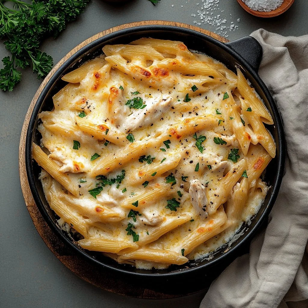 Creamy Crack Chicken Penne dish garnished and ready to serve.