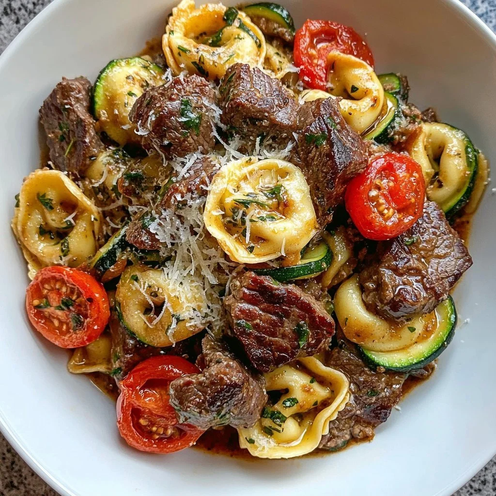 Creamy garlic parmesan steak tortellini served in a bowl
