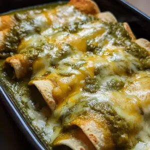 Creamy green chile chicken enchiladas topped with cheese and fresh cilantro