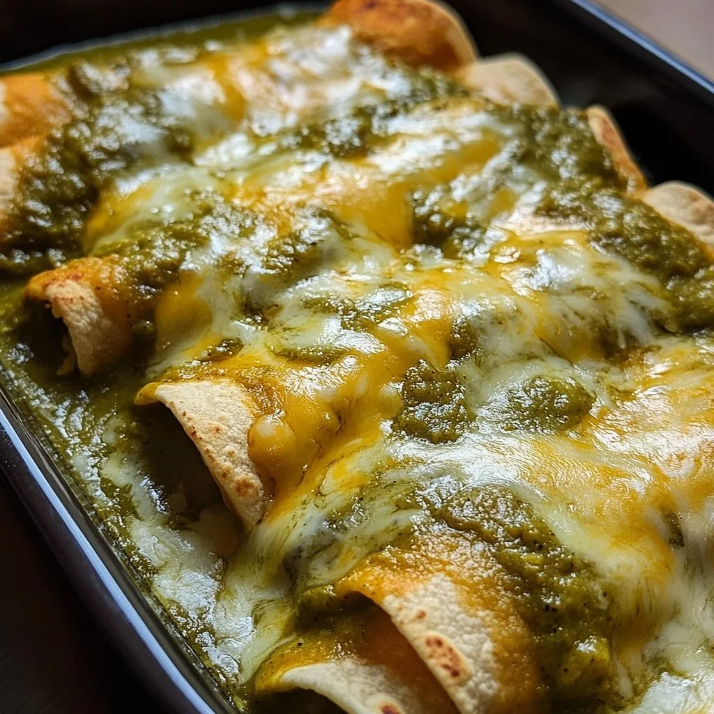Creamy green chile chicken enchiladas topped with cheese and fresh cilantro