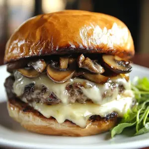 Creamy mushroom Swiss burger with melted cheese and sautéed mushrooms