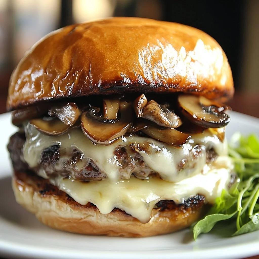 Creamy mushroom Swiss burger with melted cheese and sautéed mushrooms