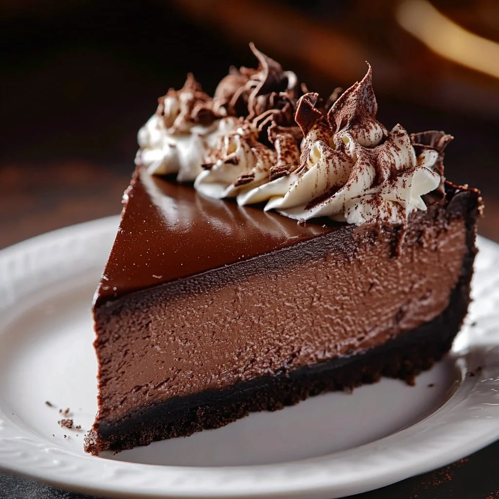 Delicious creamy no-bake chocolate cheesecake topped with chocolate shavings